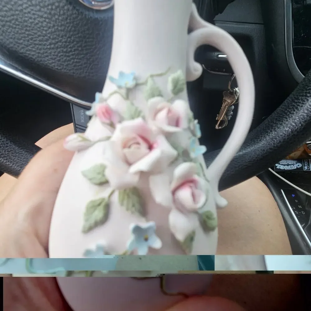 Vintage Lefton China Pink Bud Vase Applied Roses Blue Flowers Hand Painted 1031